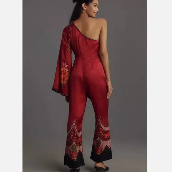 NEW Farm Rio x Anthropologie One-Shoulder Printed Satin Jumpsuit Size XS Red NWT